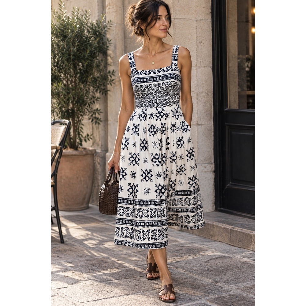 NWT Boden Aubrey Floral Border Print Fit & Flare Dress Navy Ivory Petite 6P